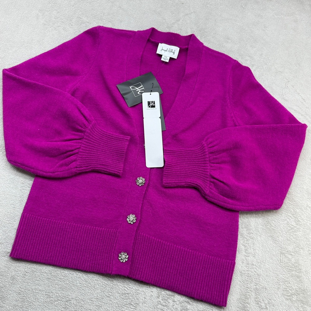 Joseph Ribkoff Cardigan Womens M Pink Rhinestone Button Puff Sleeve Barbiecore